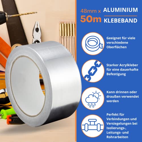 GOCABLETIES Aluminium Klebeband, 48 mm x 50 m, selbstklebendes Alu Klebeband, silber, Wasser- und hitzebeständig Band zum Versiegeln, Reparieren und Isolieren, 1 Rolle