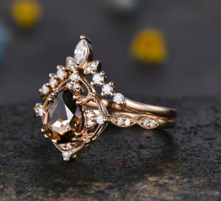 Vintage Smoky Quartz Engagement Ring set,Pear Shape Brown Quartz Ring Set,14K Gold Ring,Unique Womens ring Promise Ring For Her
