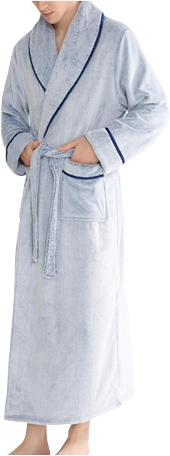 Mens Winter Robe Plush Shawl Collar Kimono Bathrobe Soft Warm Flannel Fleece Spa Robes House Coat Pajamas Sleepwear