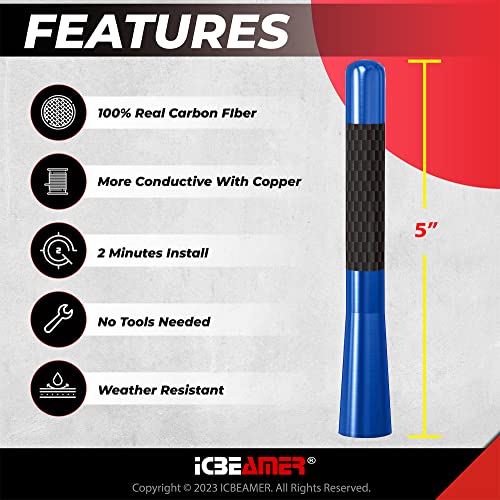 Icbeamer 5" 127 Mm Carbon Fiber Dark Navy Blue Aluminum Short Automotive Antenna With Internal Copper Coil Universal Fit Am/Fm Radio Antenna Replacement Compatible For Car, Truck And Van #TOP1