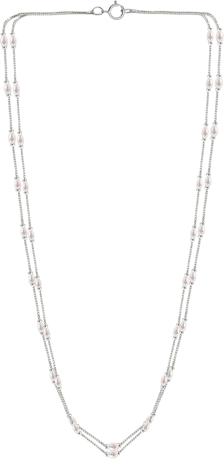 925 Sterling Silver with Freshwater Cultured Pearl Station Double Strand 20" Chain Necklace for Women's