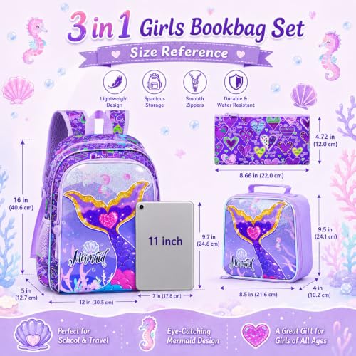 Image of 16 inch Mermaid Backpack for Girls, 3Pcs Kids Fish Tail Backpacks with Lunch Box, School Bookbag for Elementary Preschool Kindergarten(Purple)