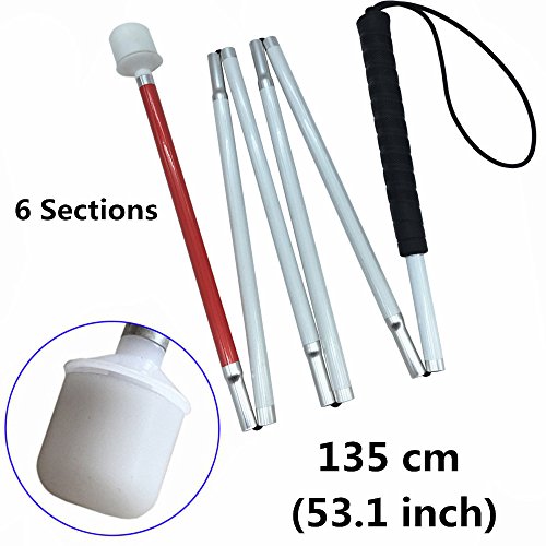 Aluminum Mobility Folding White Cane for Vision Impaired and Blind People (Folds Down 6 Sections) (135cm (53.1inch）, Black Handle) - Thumbnail 3