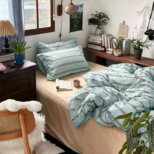 Image of mixinni Retro Mint Blue Striped Duvet Cover Set - 100% Natural Cotton 3-Piece Vintage Stripes Pattern Printed Bedding Set, Soft Breathable Comforter Cover with Zipper Closure & Corner Ties, Twin Size