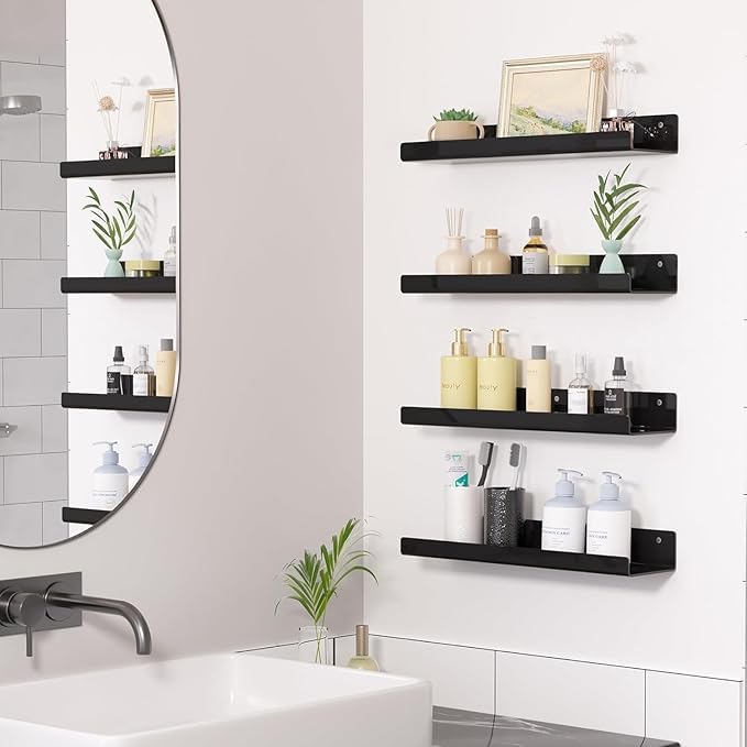 Image of Acrylic Floating Wall Shelves, 15 Inch Clear Shelf | Thick Invisible Wall Display Shelf 3 mm (Black, 15, 6)