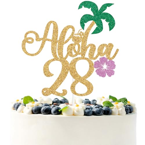 Gold Glitter Aloha 28 Cake Topper, Hello 28/Happy 28th Birthday, Summer Hawaiian Luau Tropical Pineapple Themed 28th Birthday Decorations
