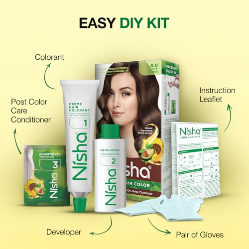 Image of Nisha Creme Hair Color Cream Dark Brown 3.0, 120g, Long Lasting Hair Dye for Grey Coverage, Smooth & Shiny Finish, For Men & Women, Pack of 1