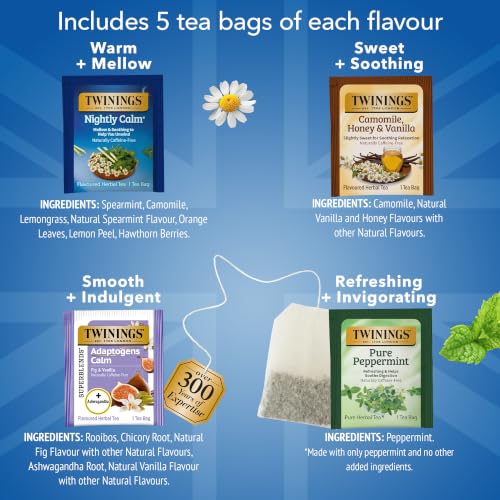 Image of Twinings Calm & Cozy Bedtime Herbal Tea Variety, 20 Count, Pack of 1 | Assorted Relaxing 4 Flavours, Naturally Caffeine-Free, Enjoy Hot or Iced, 20 Teabags