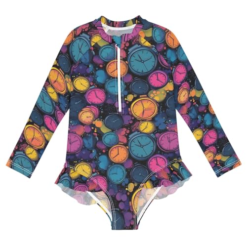 Colorful Alarm Clock Pattern Girls One Piece Rash Guard Swimsuit, Girls Long Sleeve Swimwear for 3-12Y