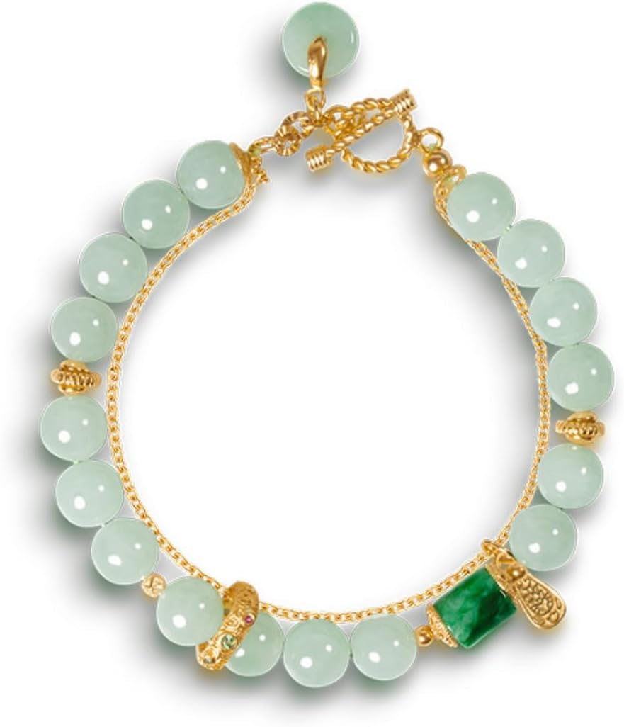 18K Gold Over S925 Sterling Silver Jadeite Bracelet, Burmese Jadeite A Grade Icy 6mm Pearl Beaded Bracelet, Gift for Mother on Birthday