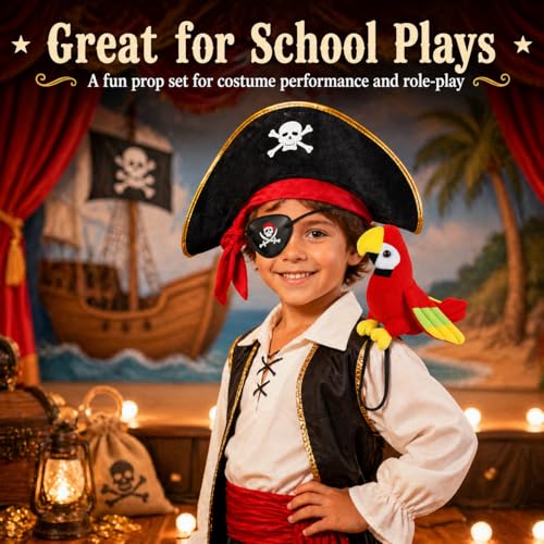 Haokixin 3Pcs Pirate Hat & Stuffed Shoulder Parrot & Eye Patches, Pirates Costume Accessories Skull Print Patch for Woman Men Adults Kids for Halloween School Shows and Cosplay Props by Haokixin - Used condition - Image 5