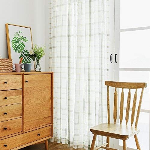 Checkered Sheer Curtains for Living Room Gingham White Window Plaid Sheer Curtains for Bedroom Classic Linen Textured Green Striped Window Curtain 2 Pairs 84 inches Long