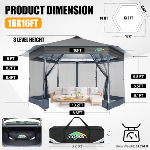 Image of COBIZI 16x16 Pop Up Gazebo Tent with Mosquito Netting, Gazebos on Clearance, Hexagonal Outdoor Canopy Shelter, Patented Center Lock 6-Sided Portable Gazebos, Pop Up Canopy Tent for Backyard, Gray