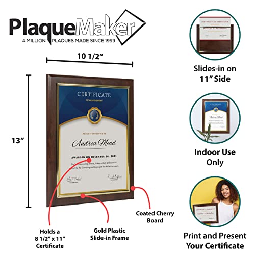 10.5 x 13" Certificate Display Plaque - Offered in Coated Cherry Wood with an 8.5 x 11" Gold Frame - Slide in Your Diploma, Award Certificate, Award of Achievement, Class Photo, and More - Thumbnail 7