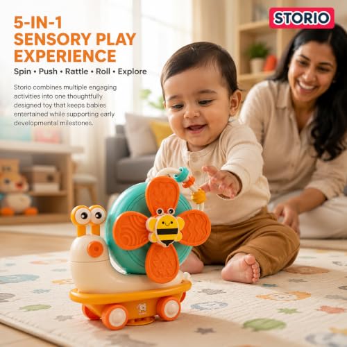 Image of Storio 5-in-1 Baby Suction Spinner Toy, Interactive Learning Set with Rattle and Sensory Play, for 6+ Months Kids - Orange & Cream