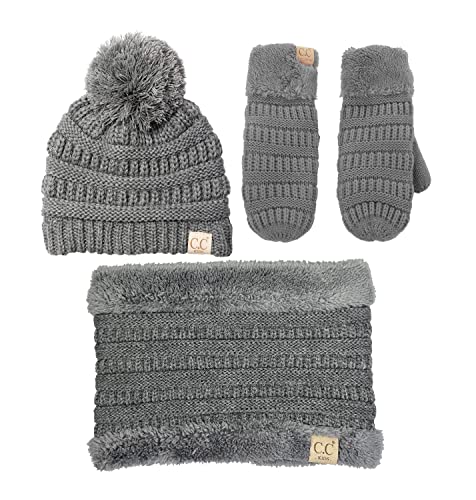 Image of Funky Junque Kids Matching Neck Warmer Scarf Soft Fuzzy Cuff Gloves Mittens Ribbed Knit Pom Pom Beanie Bundle Boy Girl