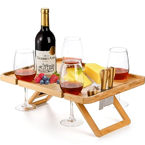 Kingrol Bamboo Wine Picnic Table with Wine Bottle, Glass and Cheese Knife Holder - for Park Camping Beach Outdoor Snack, Wine Lover Gift, Foldable and Portable, 16.1 x 12.5 x 6 Inch