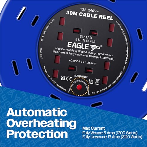 Enrollador de cable Eagle Restable con 4 tomas UK y estructura metálica resistente 6