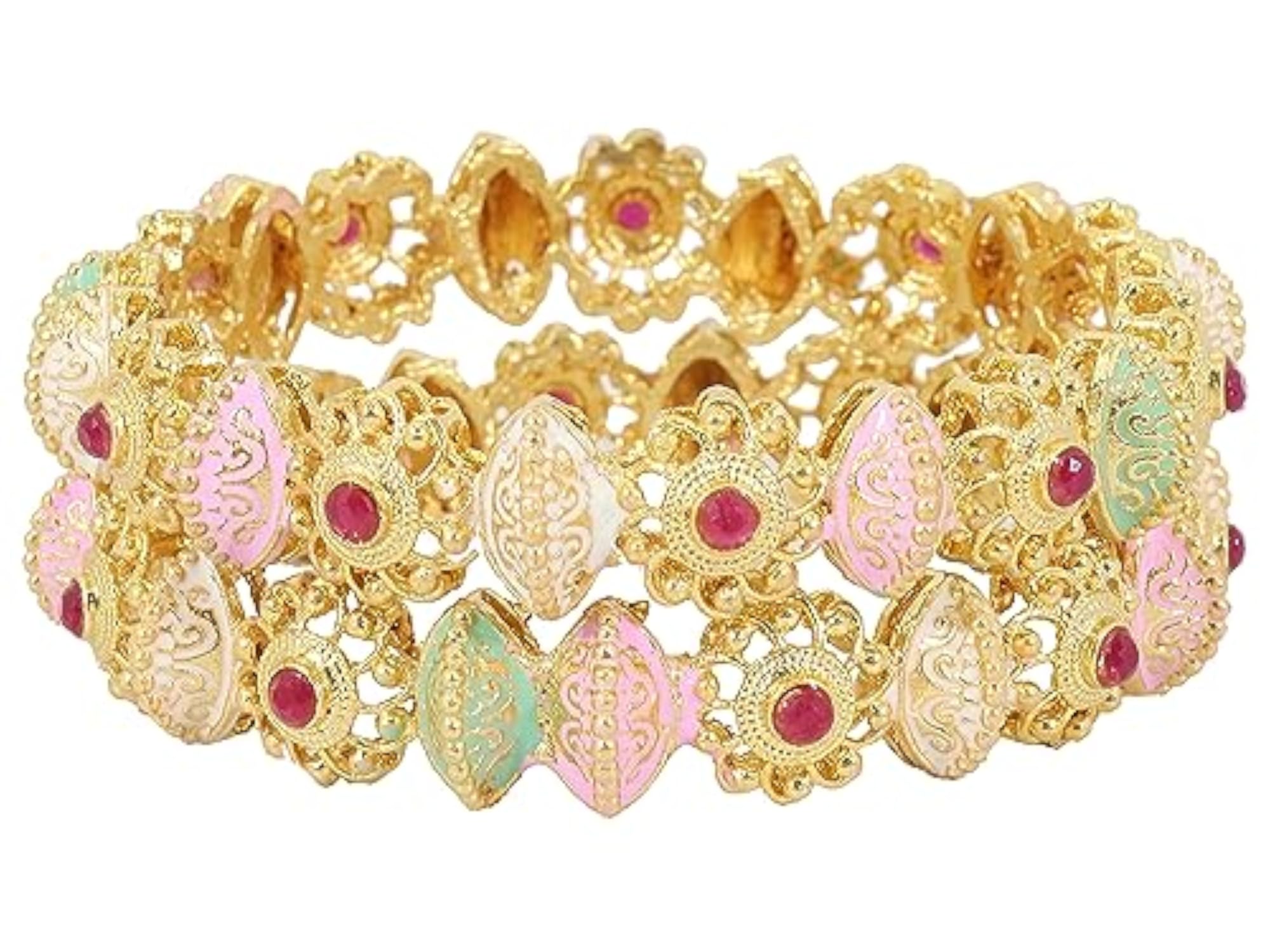 Brass Plated Bangles Set with Studded Pearls & Stones (Pack of 2)