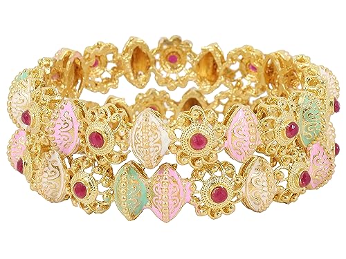 Image of NMII Brass Gold Plated Bangles Set For Girls and Women Studded Pearls and Stone | Gold Plated Brass Bangles | Metal bangles | (Pack of 2)