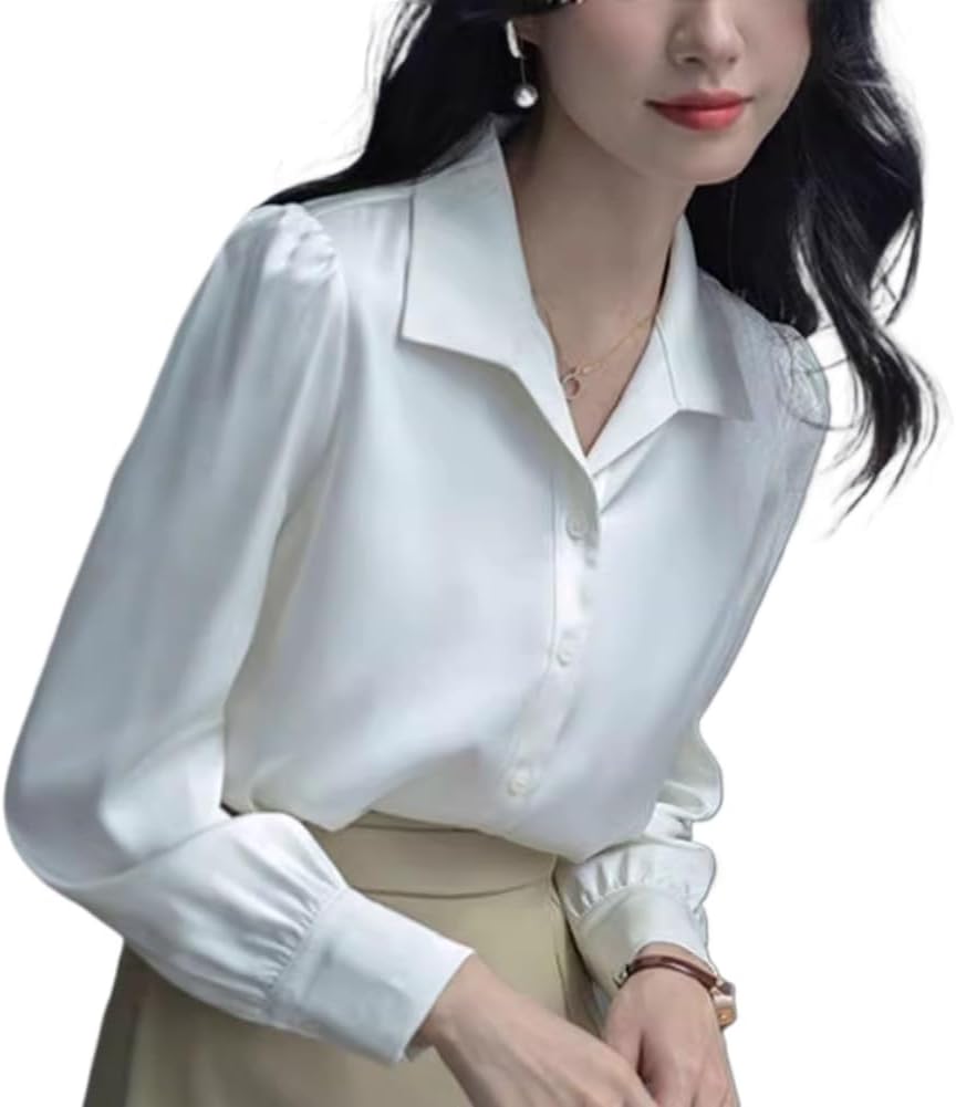LIXINGHEITANG White Shirt Womens Spring and Autumn Commuting French Satin Temperament Long Sleeve Top