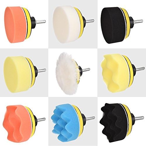 Fontic 11pcs 3"/80mm Compound Drill Buffing Sponge Pads Kit for Car Sanding, Polishing, Waxing, Sealing Glaze (9 Polishing Pads+1 Woolen Buffer+1 Thread Drill Adapter with Shank)
