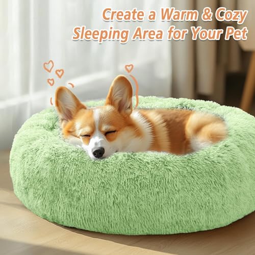 Image of JOLLYVOGUE Calming Dog Bed Medium Size Dog, 31in Donut Washable Medium Pet Bed, Anti-Slip & Anti-Anxiety Fluffy Faux Fur Round Dogs Bed, Fits up to 45 lbs Pets (Light Green)