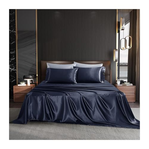 Juego de sábanas de satén de seda de 230 x 250 cm + 2 fundas de almohada de 48 x 74 cm, suave y liso, azul marino, ropa de cama de lujo para camas individuales y dobles, elegante decoración del hogar