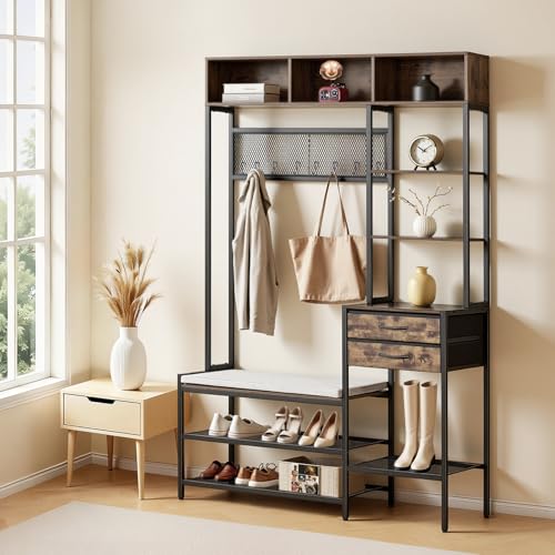 VEVOR Meuble d'Entrée 180 cm, Porte Manteaux avec Banc à Chaussures et 2 Tiroirs, pour Couloir Chambre Dressing, Vestiaire d'Entrée Autoportant en Acier, avec Rangement Supérieur et Inférieur