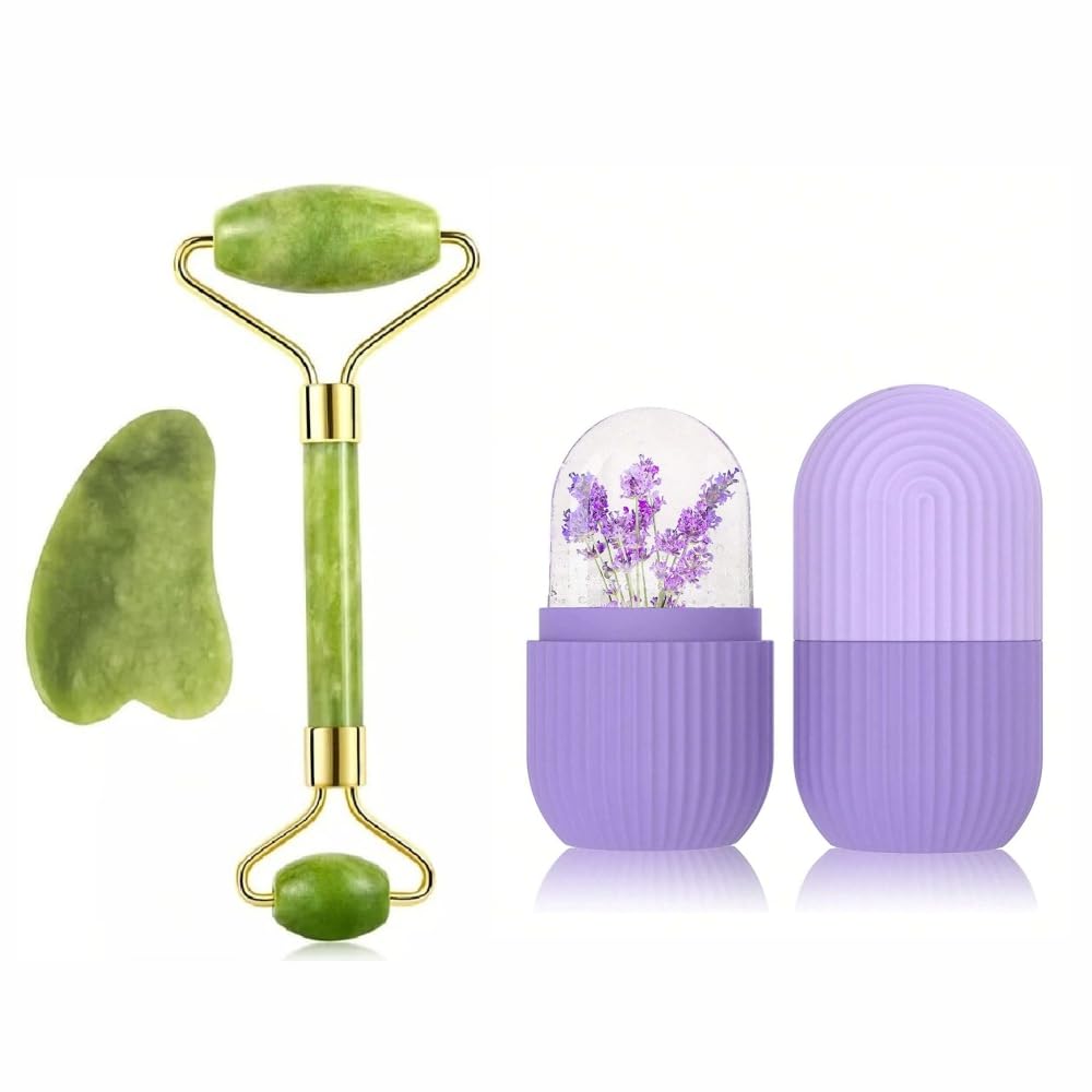 ANSHU 100% Natural Jade Stone Roller Massager With Gua Sha Tools for Face and Body Ice Cube Massager For Face And Body Massager