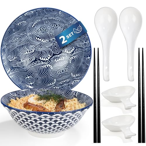 Urban Lifestyle – Ramen Schüssel Set 8-teilig aus Porzellan 1 L · Für 2 Personen mit Schüsseln, Dip-Schälchen, Ramen Löffeln & Stäbchen · Ideal für Nudeln, Udon, Pho & Salat · Ramen Bowl (Seigaiha)
