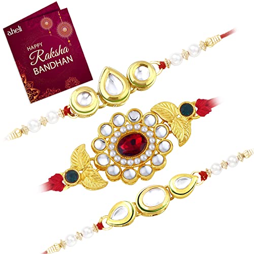 Aheli Thread Rakhi para Brother Beautiful Kundan Beads Raksha Bandhan Special con tarjeta de felicitación (paquete de 3 combinados), Talla única, Tela, Kundan Cover