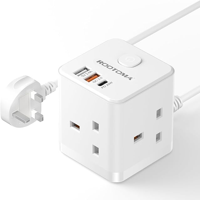 Extension Lead with USB Slots - 20W USB-C Fast Charger 3 Way Plug Extension with 3 USB (QC3.0/PD20W), Compact Cube Extension Lead for Home, Office, Dorm Room, 2M, 13A/3250W