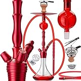 DILAW® Tornado Shisha Set Hookah Aluminium Alu 67cm + LED Licht | Wasserpfeife Kaminkopf Komplettset Molassefänger Closed Chamber 3 Anschlüssen Silikonschlauch Mundstück Tabakkopf Edelstahl Rot