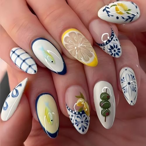 French Tip Press on Nails Almond Medium Fake Nails with 3D Goldfi...