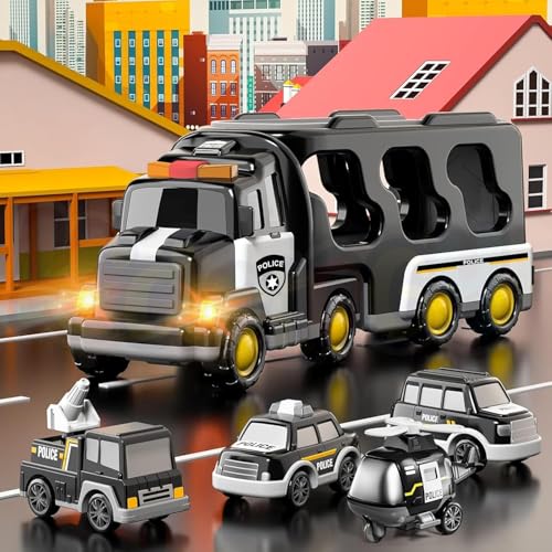 Image of Kidology 5 in 1 Police Trucks Boy Toys for 3-5 Year Old Toddlers - Toys for 3 4 5 6 7 Years Old Transport Vehicle Carrier Truck Sets Kids Boys & Girls