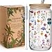 Aesthetic Floral 16oz Glass Cups with Bamboo Lids and Straws Wildflower Gift for Women, Cute Flower Drinking Glass with Cleaning Brushes, Christmas Flower Gifts for Mother Birthday Bridesmaid Party