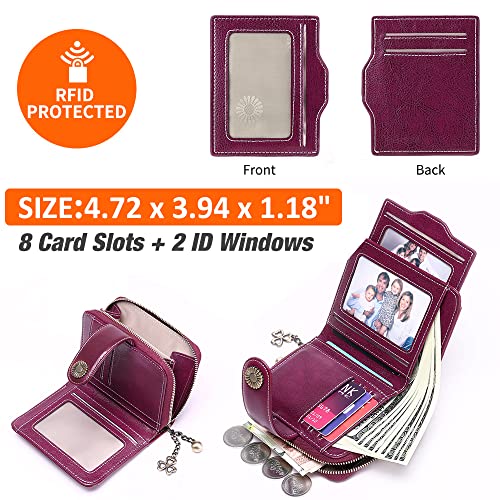 GOIACII Wallet for Women Leather Small RFID Blocking Bifold Zipper Pocket Card Holder with ID Window