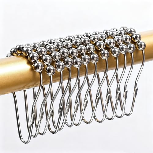 Shower Curtain Hooks, Rust Proof Stainless Steel Hooks for Bathroom Shower Rods, Polished Nickel, 12 Pcs