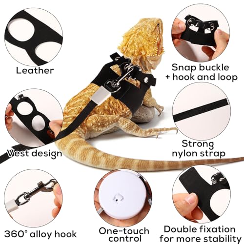 Image of Gosknor Bearded Dragon Harness and Leash Set, 3 Sizes Super Leather Harnesses with Retractable Leash for Reptile Walking (Black)