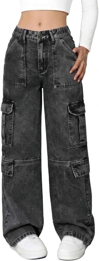 Girls Baggy Cargo Jeans, Y2K Straight Leg Denim Pants for 8-16, Elastic Waist Multi-Pocket Streetwear Trousers