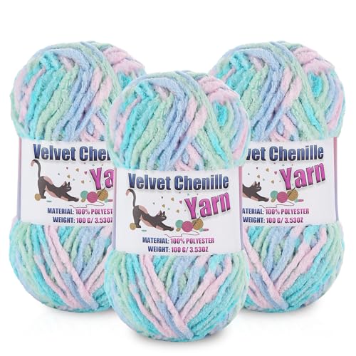Image of 3 * 100g /3.5oz Fluffy Chenille Yarn for Crocheting, Chunky Velvet Yarn for Crochet Amigurumi, Used for Making Baby Yarns Blanket, Clothes, Pattern Knitting Creations (Candy Color)