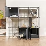 3-Tier Large Cat Enclosure Indoor & Outdoor with Litter Box, Detachable Multifunctional Catio Playpen - DIY Metal Wire Kennel Cage for Cats