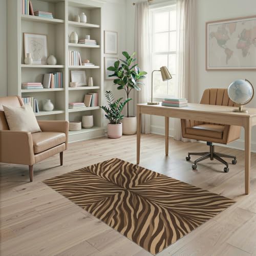 ODIKA 4'x6' Brown Zebra Print Stripe Use Coat Tan Washable Area Rug