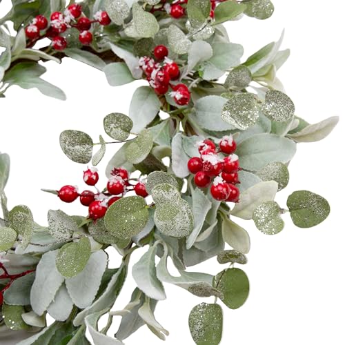 Image of 20 Inch Artificial Christmas Wreath Lambs Ear Leaves Door Wreath Winter Wreath with Artificial Snow Red Berries Christmas Decorations for Home Wall Window Decor