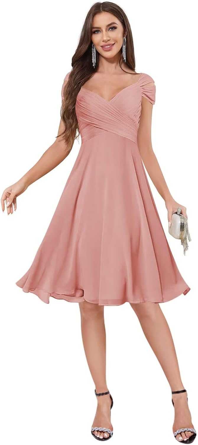 Short Chiffon Bridesmaid Dresses for Women Knee Length Off Shoulder Wedding Guest Gown - Image 5