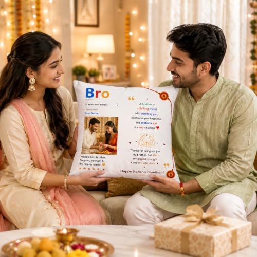 Image of Personalized Photo Pillow 12x12 Inch Cushion with Cover & Filler - Custom Gift for Birthday, Anniversary, Couple, Girlfriend, Boyfriend, Husband, Wife, Friends. (RakhiPilow-06)