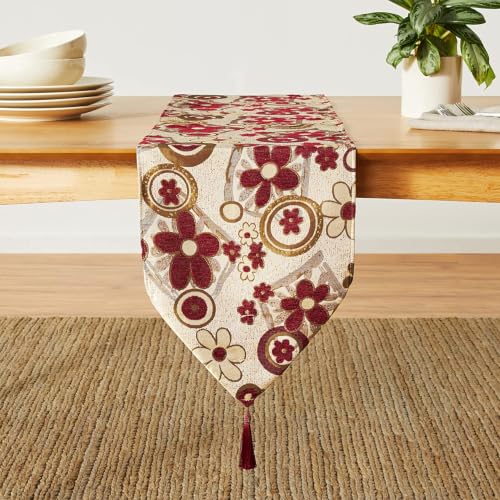 Violet Linen Victoria Chenille Jacquard Daisy Design 13" X 70" Table Runner - Burgundy/Gold