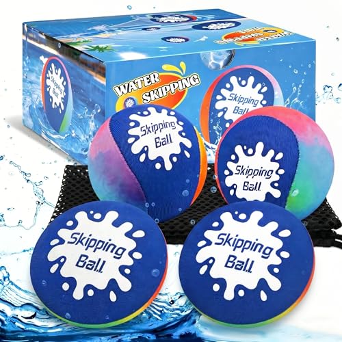 Korlon Skipping Water Balls 4 Pack Skip Water Bouncing Ball with Mesh Bag Summer Water Pool Toys for Kids Ages 4-8 8-12 Adults Games Cool Lake Beach Fun