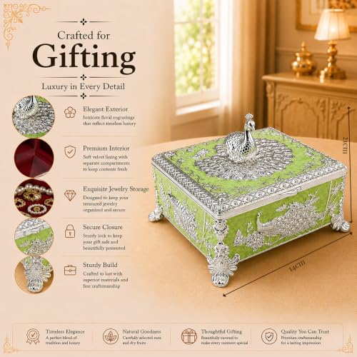 Image of Diviniti Silver Plated Peacock Decorative Box with Premium Gift Box | Luxury Multipurpose Storage Box for Home Decor, Sweets & Corporate Gifting (Green)
